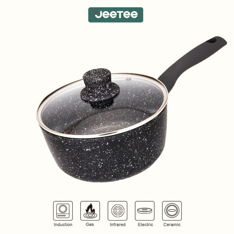 JEETEE กระทะเคลือบหินอ่อน 16cm/18cm หม้อนมขนาดเล็ก หม้ออาหารเสริมสำหรับเด็ก pot ไม่ติดกระทะ  แหล่งความร้อนสากล