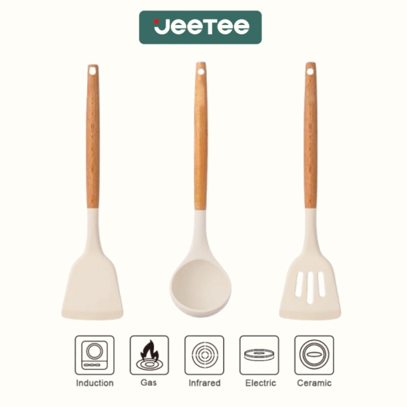 JEETEE 3/6 ชิ้น ที่จับไม้เกรดอาหารทนความร้อนซิลิโคนไม่ติดเครื่องครัวไม้พาย/ทัพพี/Slotted ไม้พายสีขาว