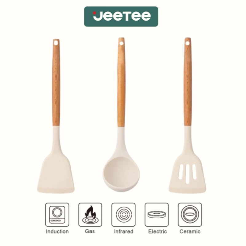 JEETEE 3/6 ชิ้น ที่จับไม้เกรดอาหารทนความร้อนซิลิโคนไม่ติดเครื่องครัวไม้พาย/ทัพพี/Slotted ไม้พายสีขาว