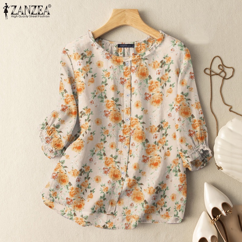 Zanzea เสื้อเบลาส์ คอกลม แขน 3/4 พิมพ์ลายดอกไม้ แฟชั่นสไตล์เกาหลี สําหรับผู้หญิง