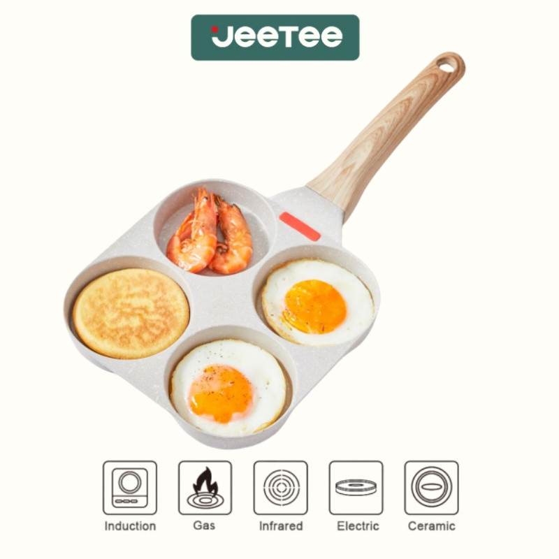 JEETEE กระทะ 4 หลุม 18.5x18.5ซม กระทะทอดไข่4หลุม กระทะเบอร์เกอร์แบบไม่ติดสไตล์ญี่ปุ่น กระทะไข่เจียวสี่ตาราง ถาดอบหินอ่อน แหล่งความร้อนสากล