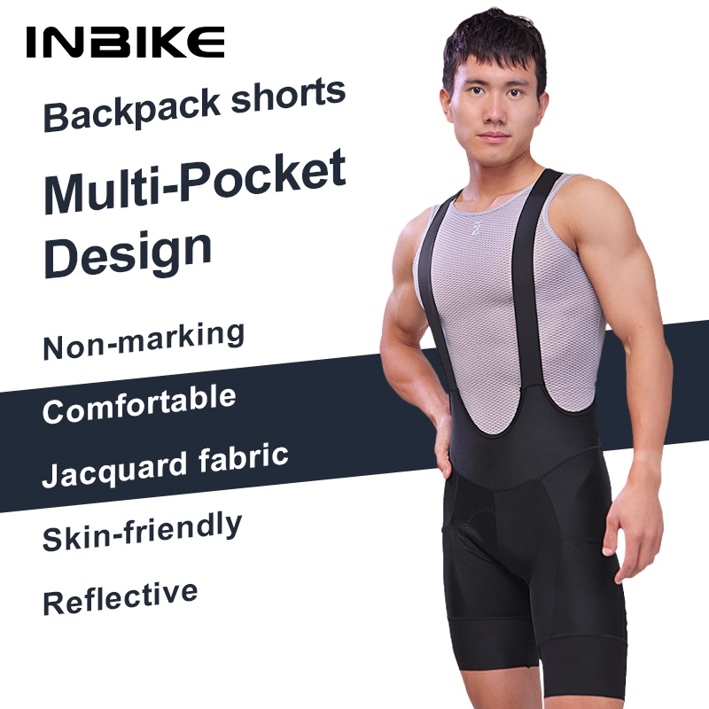 INBIKE ผู้ชายs ขี่จักรยาน Bib กางเกงขาสั้นกลับตาข่าย 3D เบาะจักรยาน Multi-pocket Road Bike Mountain 