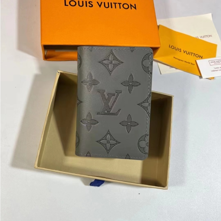 Original Louis Vuitton ของแท้ 100% Mens Pocket Card Holder Cowhide Wallet สีเทา