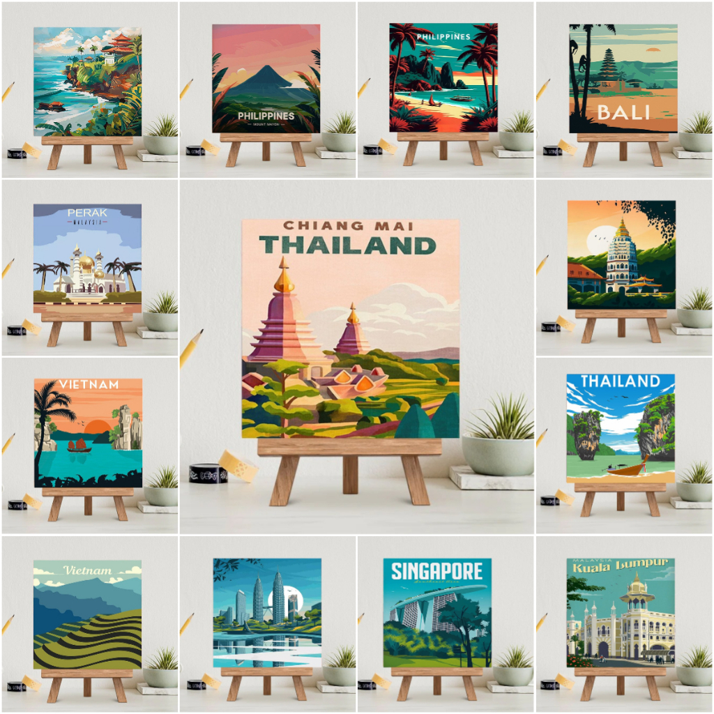 [มีเฟรม] 20X20ซม ระบายสีตามตัวเลข ขึงเฟรมไม้พร้อมอุปกรณ์ ขนาด ฝึกสมาธิ ของขวัญ DIY สำหรับตกแต่งบ้าน โปสเตอร์ท่องเที่ยวไทยมาเลเซียฟิลิปปินส์เวียดนามอินโดนีเซียอินโดนีเซีย