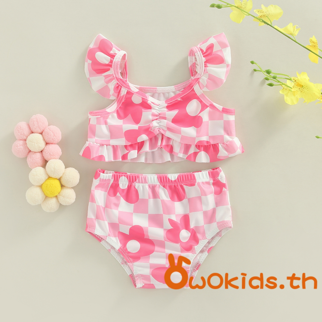 【ส่งจากไทย】​เด็กทารกชุดบิกินี่ลายสก๊อตดอกไม้พิมพ์ Fly Sleeve Camisole พร้อมกางเกงชุดว่ายน้ําสําหรับชายหาดฤดูร้อน