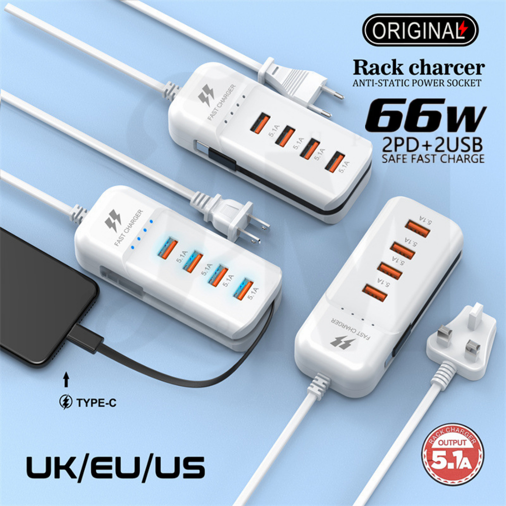 66w ปลั๊ก USB Power Strip Charger Station Splitter 5V4A USB TYPE C 3.0 Fast Charger ปลั๊กชาร์จโทรศัพท์ USB US EU ซ็อกเก็ตไฟฟ้า