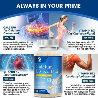 อาหารเสริมแคลเซียม 4-in-1 สําหรับผู้หญิงและผู้ชาย - แคลเซียม 600 มก. พร้อมวิตามิน D3 K2 B12 5000 IU อาหารเสริมสําหรับหัวใจ กระดูก และป้องกันร่างกาย - ปราศจากกลูเตน