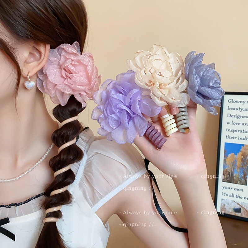 Organza ดอกไม้โทรศัพท์ลวด scrunchie ผู้หญิง braid magic ตรงสูงยืดเชือกผมหางม้า headpiece
