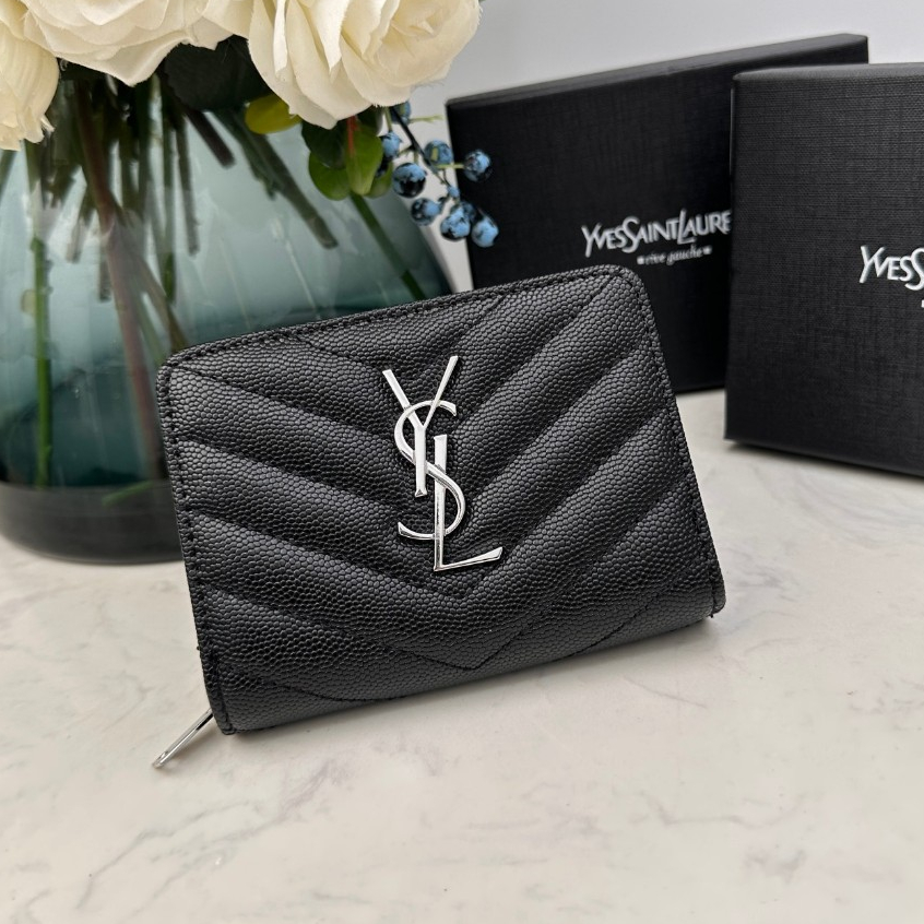[พร้อมกล่อง+พร้อมส่ง] ของแท้ 100% YS-L Saint Laureent กระเป๋าสตางค์เหรียญผู้หญิงแบบพับได้