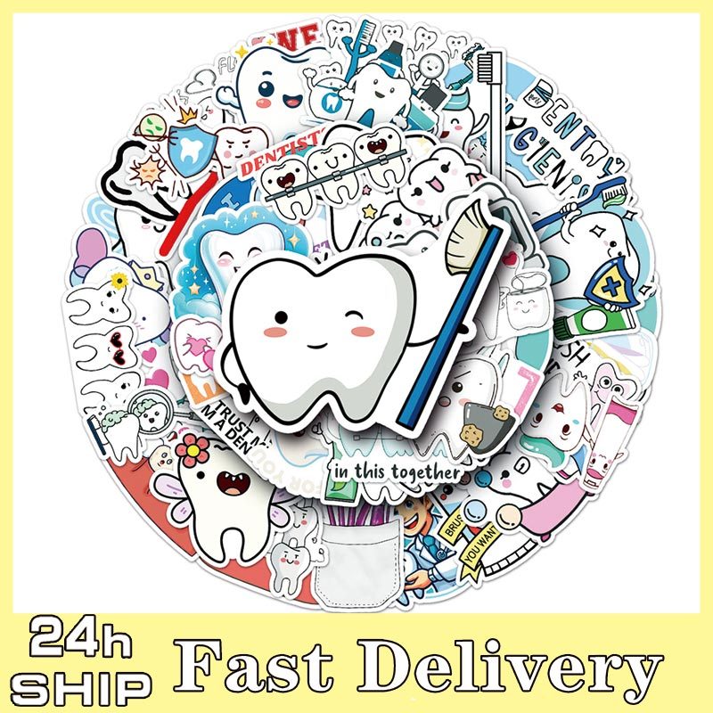 50ชิ้นการ์ตูนปกป้องฟันสติ๊กเกอร์น่ารักแปรงสีฟันทันตกรรมถ้วยรูปลอกเครื่องเขียนโน๊ตบุ๊คสนุกสติ๊กเกอร์