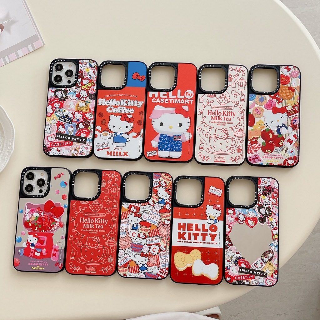 Tify Hello Kitty แมวสตรอเบอร ์ รี ่ หมีกระจกสําหรับiPhone 15 14 13 12 11 Pro Max PlusกระจกกันกระแทกTiFYอะคริลิคปกแข ็ ง