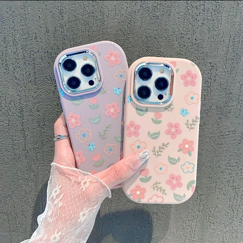 Iphone 12 13 PRO 14 15 plus 15 PRO MAX IP7P IPXS MAX IP11 แฟชั่น ดอกไม้สีชมพูเต็มจอ ซิลิโคนอ่อนนุ่ม เคสโทรศัพท์กรอบโลหะระดับไฮเอนด์