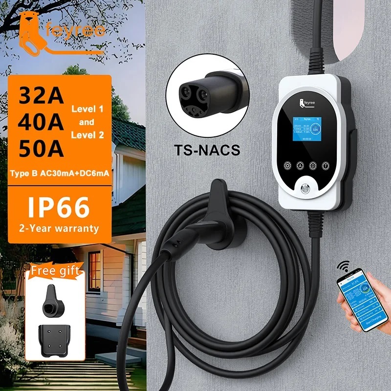 Feyree EV Charger แบบพกพา 12KW 50A Fast Charging กล่อง WIFI สมาร์ท APP ปรับ Current สําหรับ Tesla NA