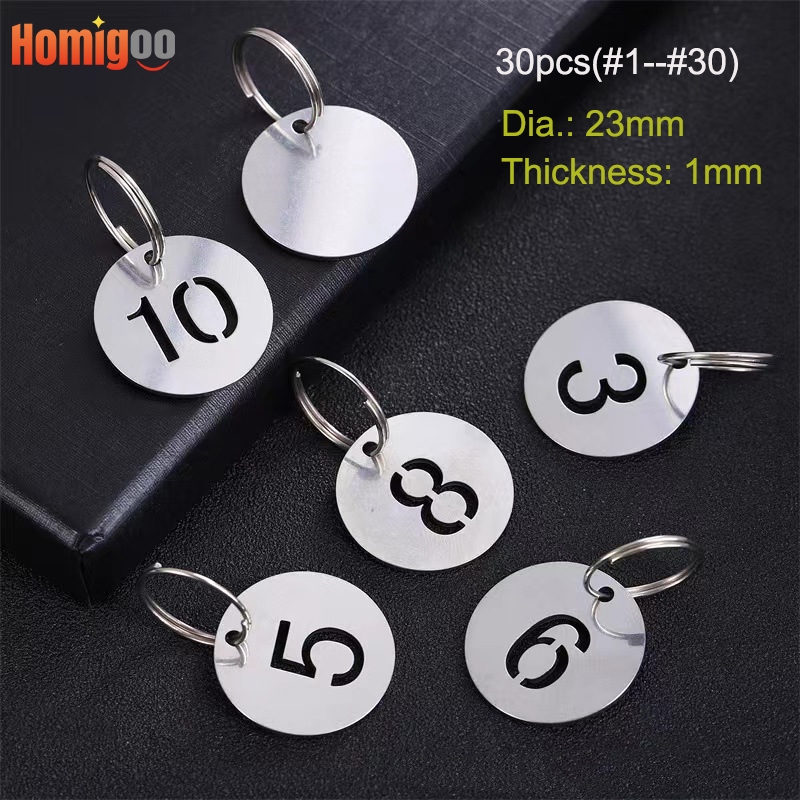 Homigoo 30 ชิ้นป้ายโลหะป้ายป้ายพร้อมแหวนป้ายดิจิตอลแท็กกุญแจจํานวนแผ่นการ์ดจาก 1-30