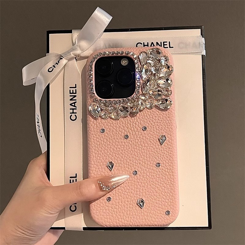 หรูหราสีชมพูหนังเคสโทรศัพท์สําหรับiPhone 16 15 Pro Max 11 12 13 14 Pro Max Plus High-end Blingเพชรอัญมณีป้องกันปกหลัง