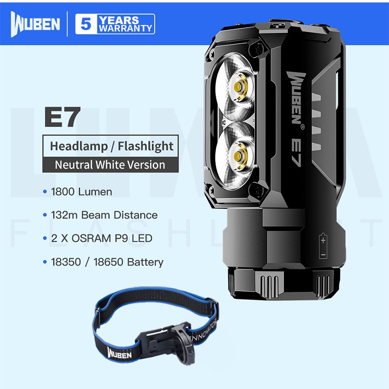 WUBEN E7 (รุ่นสีขาวเป็นกลาง, 5000K) ไฟหน้าแหล่งกําเนิดแสงคู่แบบชาร์จไฟได้ / ไฟฉาย, ความสว่างมุมกว้าง