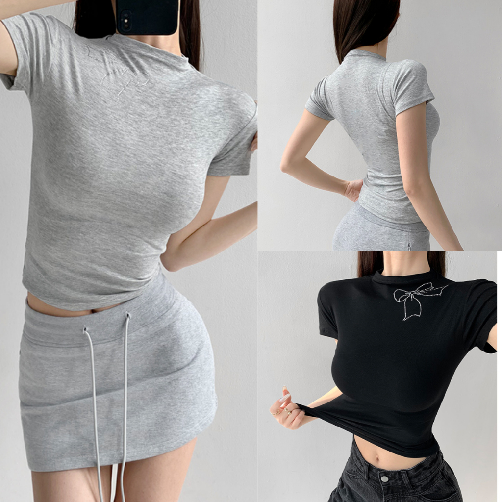 Hotgirl พร้อมส่ง เสื้อยืดผู้หญิง เสื้อรัดรูป โบว์ แขนสั้นแฟชั่น เซ็กซี่ สไตล์เกาหลี สีพื้น สไตล์พื้นฐานธรรมดา T-shirt