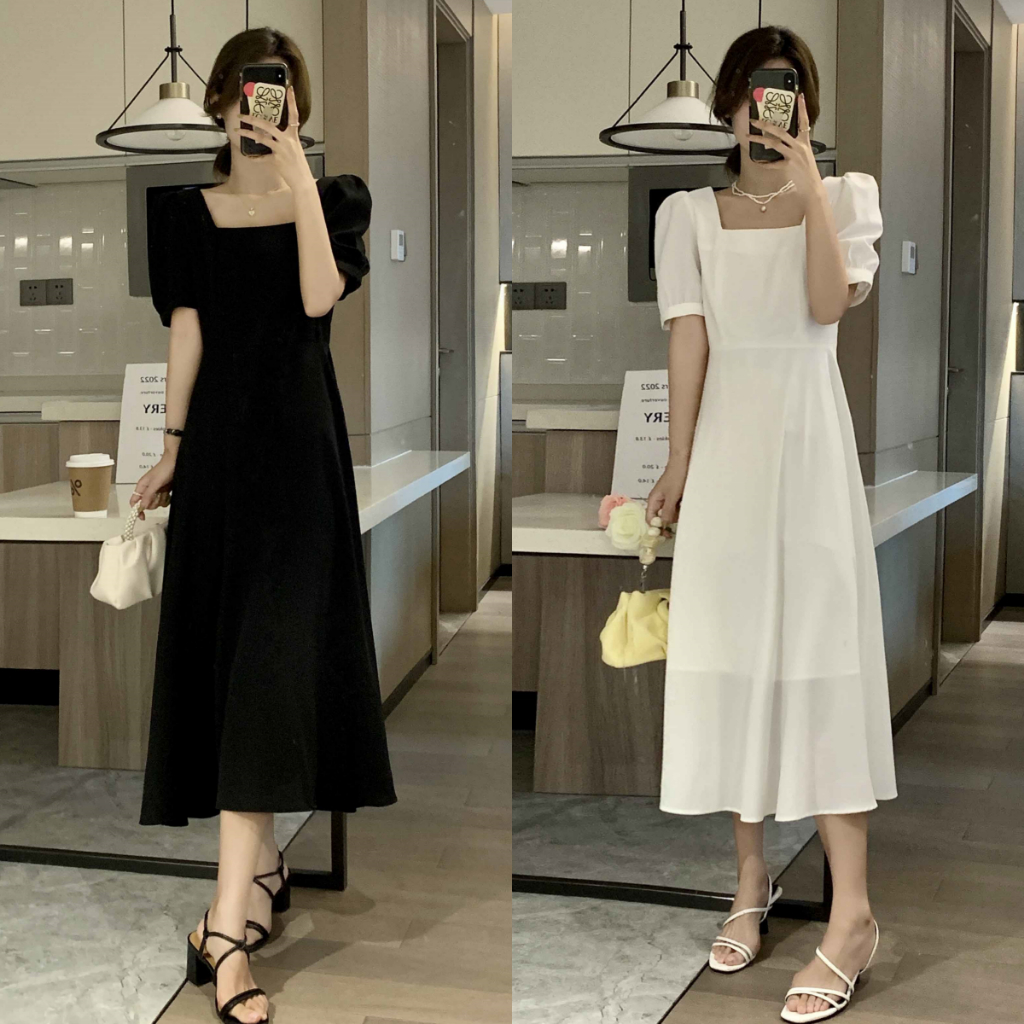 Hotgirl พร้อมส่ง เดรสยาว ชุดเดรส ชุดเกาหลี เอวแคบ น่ารัก แขนสั้นสีพื้น แขนพัฟ คอเหลี่ยม สไตล์เกาหลี แฟชั่น