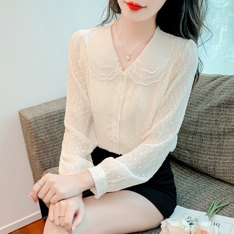 เสื้อชีฟองคอตุ๊กตาแขนยาวสไตล์เกาหลีสําหรับผู้หญิงฤดูร้อนหลวมไมโครซีทรูสลิมฟิตด้านบน