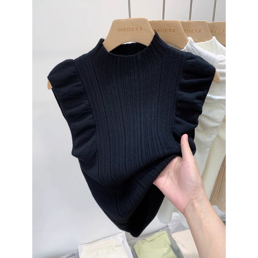 ใหม่สไตล์ครึ่งคอเต่าถักเสื้อ จุดต่ําสุด ผู้หญิงด้านในแขนกุดด้านบน