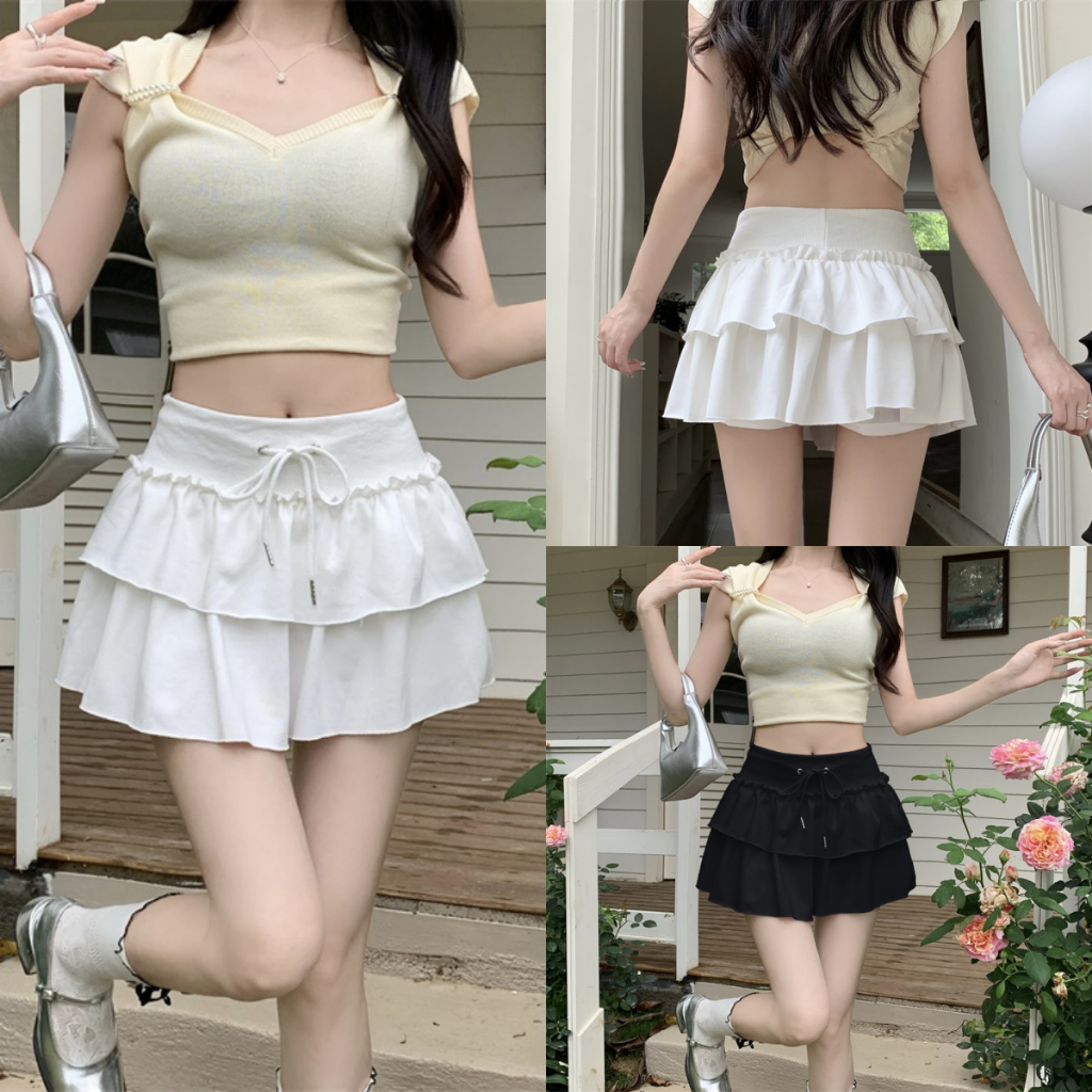 Hotgirl พร้อมส่ง✨กระโปรงสั้น กระโปรง ชุดเจ้าหญิง ทรงเอ เซ็กซี่ แฟชั่น สไตล์เกาหลี เอวยางยืด เชือกรูด （สีขาว สีดํา）กระโปรงสองชั้นมีซับใน  ทรงกระโปรงปลายรุ่ย