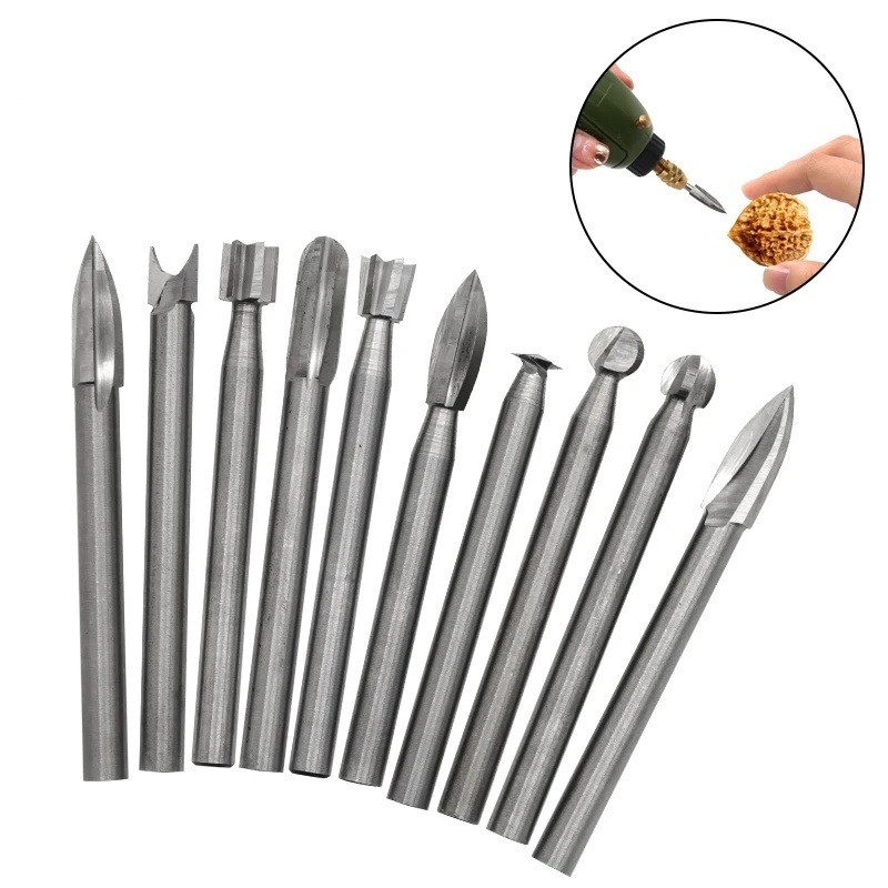 10 ชิ้น/มินิไม้แกะสลักไฟฟ้าเครื่องบดหัวเจาะ Bits 3 มม.Shank งานไม้แกะสลัก HSS เหล็กความเร็วสูง