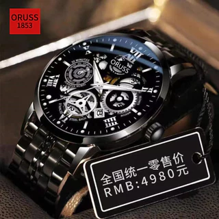 ORUSS รัส เดิมสแตนเลสกลวงสีดําหรูหรากันน้ําแฟชั่นนาฬิกาผู้ชายธุรกิจปฏิทินเรืองแสงเวอร์ชั่นเกาหลีควอตซ์นาฬิกาสวิส