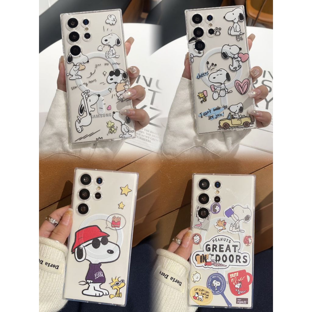 การ์ตูน น่ารัก เล่น สนูปปี้ เคส Samsung Galaxy S23 S22 S24 Ultra Plus + Note 20 Ultra Magnetic การชาร์จแบบไร้สาย โปร่งใส TPU Case
