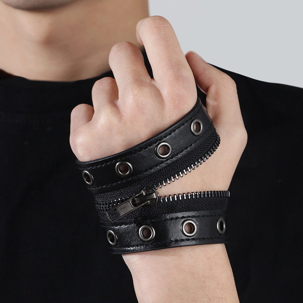 ปรับความกว้าง 6 ซม. Gothic สร้อยข้อมือหนังซิป Punk Rivet Wrap สร้อยข้อมือปุ่มสายรัดข้อมือผู้ชายผู้หญิงแฟชั่นอุปกรณ์เสริม