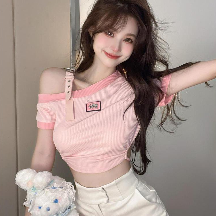 ส่งไวจากไทย SELLDA M-2XL เสื้อครอป แขนสั้น งานปัก เสื้อยืด เกาหลี ผู้หญิง เสื้อ
