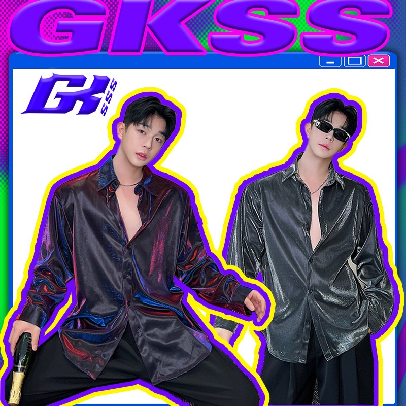 GKSSS เสื้อแขนยาวผู้ชายสไตล์ไนท์คลับอินเทรนด์สไตล์ปาร์ตี้สะท้อนแสง