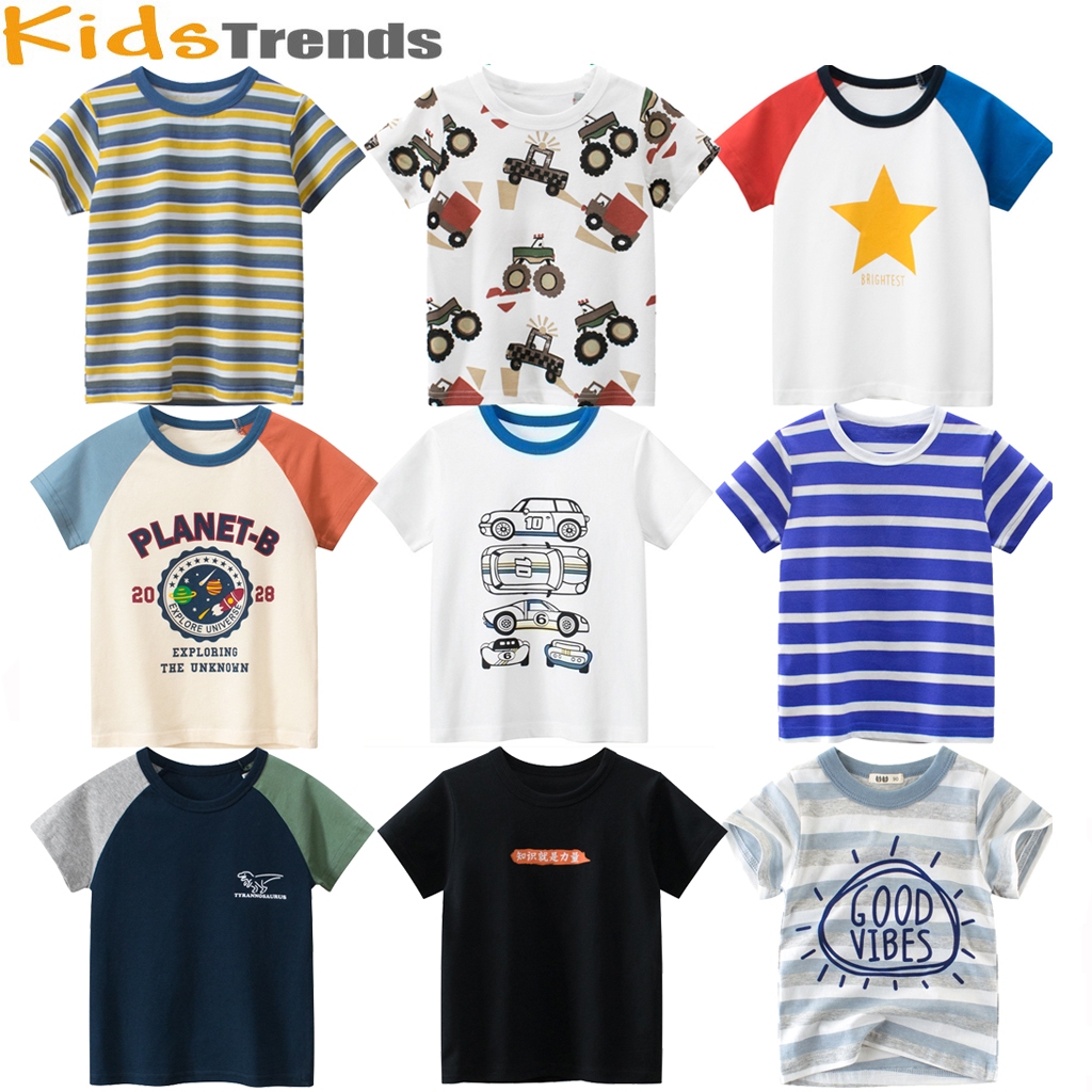เสื้อยืดเด็กชาย ลายทางสีสันสดใส แขนสั้น ผ้าฝ้าย