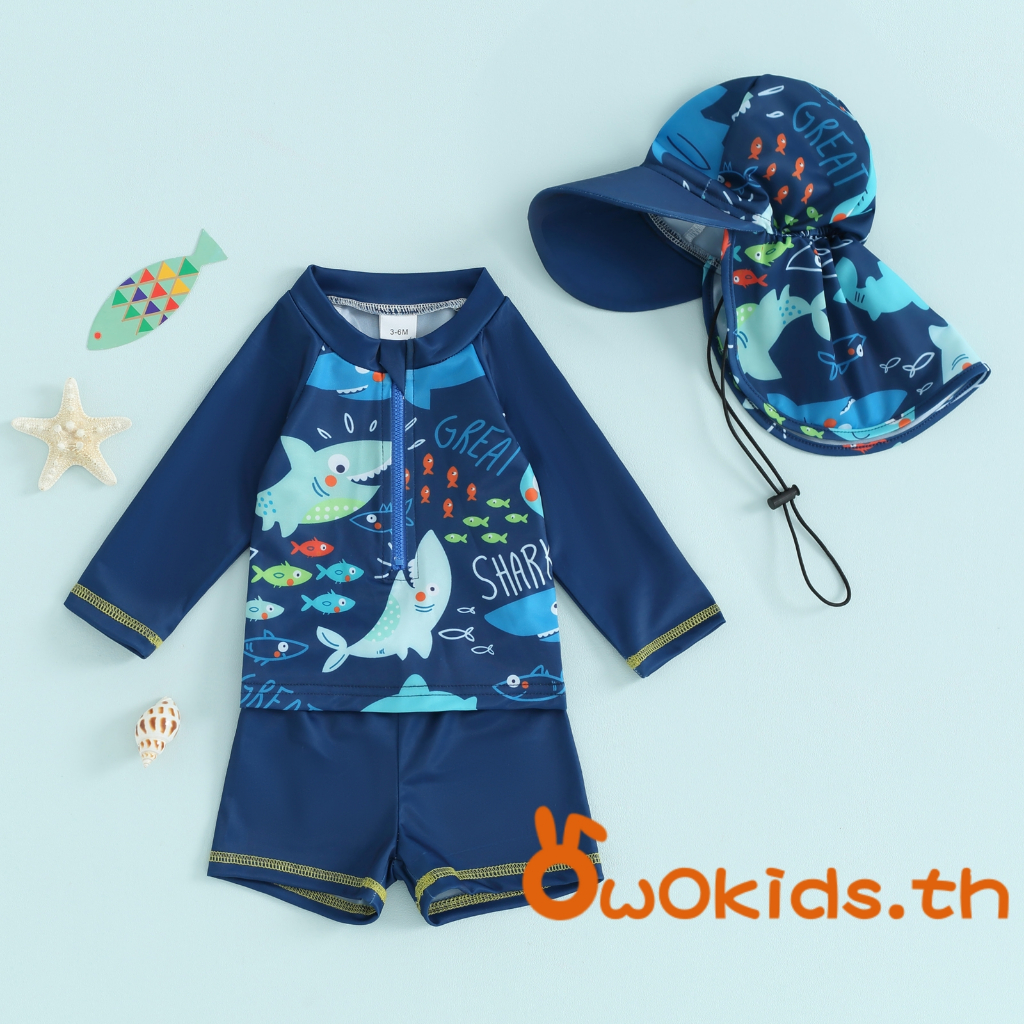 Baby Boy 3 ชิ้น Rash Guard ชุดว่ายน้ําน่ารักปลาพิมพ์แขนยาว Zip Up ชุดว่ายน้ําชุดว่ายน้ํา