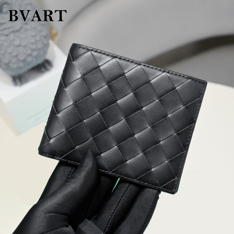 High-end Mens Bi-Fold Wallet หนังแท้ 100% หนังวัว Minimalist สไตล์ทอมือ 2024 ใหม่สีดําและสีเขียว