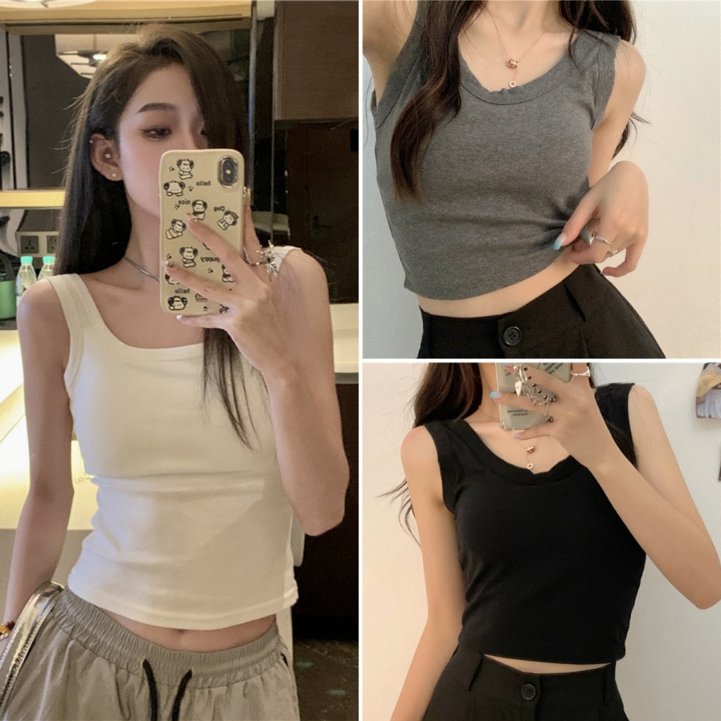 Hotgirl พร้อมส่ง✨เสื้อกล้าม เสื้อกั๊ก ครอปแฟชั่น แขนกุด เซ็กซี่ สีพื้น สไตล์เกาหลี  น่ารัก คอยู 3สี