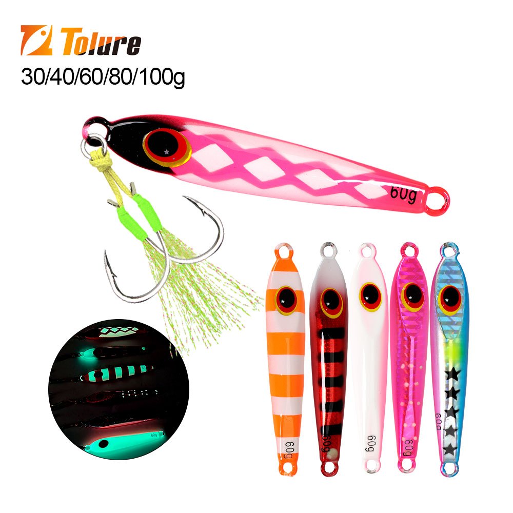 Tolure ใหม่ Jigs 30g 40g 60g 80g 100g แบนช้า Sinking โลหะ Jigs เลเซอร์กระดาษเคลือบ Luminous Jigging Fishing Lure น้ําเค็มพร้อมตะขอ