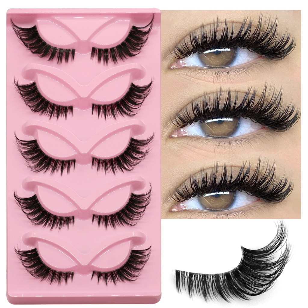 Groinneya 5 คู่ Cat Eye Lashes Wispy Soft Cross มังงะปลอม Lashes Fluffy Cat Eye Lashes Extensions แต่งหน้า