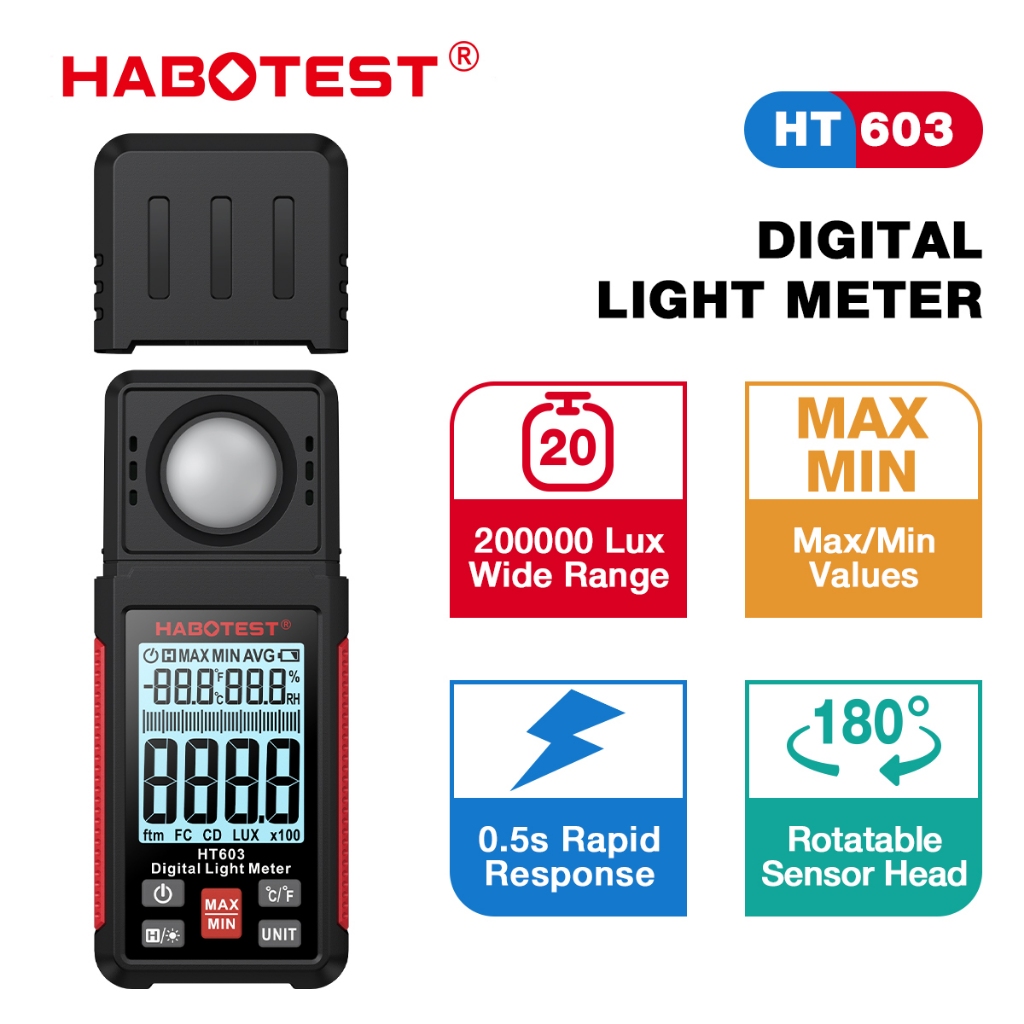 HABOTEST HT603 เครื่องวัดแสงดิจิตอล 200000 Lux เครื่องวัดความสว่างดิจิทัล พร้อมความชื้น และเครื่องวัดอุณหภูมิ