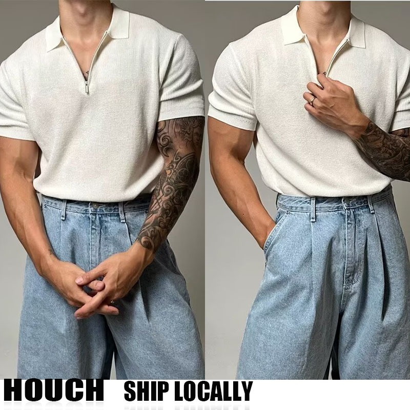 Houch พร้อมส่ง COD เสื้อโปโลแขนสั้นถักผ้ามีรูกลวง ระบายอากาศได้ดีสไตล์เกาหลีเหมาะสําหรับฤดูใบไม้ผลิและฤดูร้อน