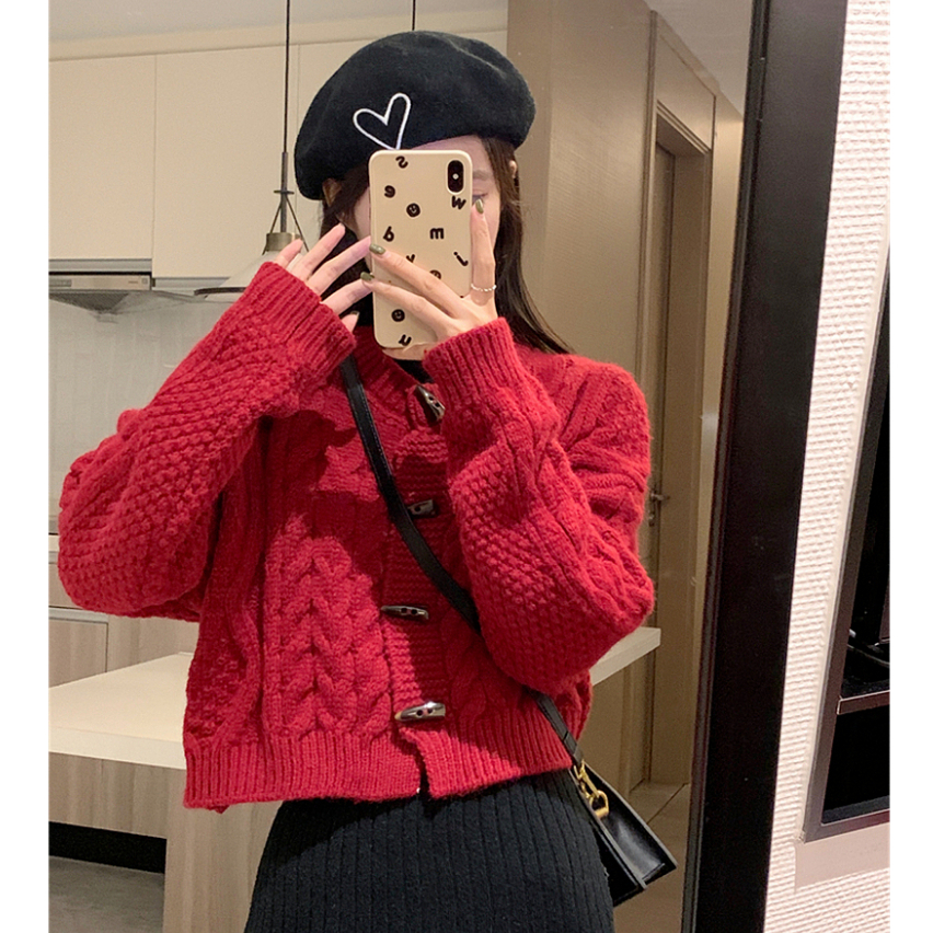 NZN เสื้อครอปแฟชั่นเกาหลีผู้หญิง เสื้อกันหนาวคาร์ดิแกนถักแขนยาวสีทึบหนา