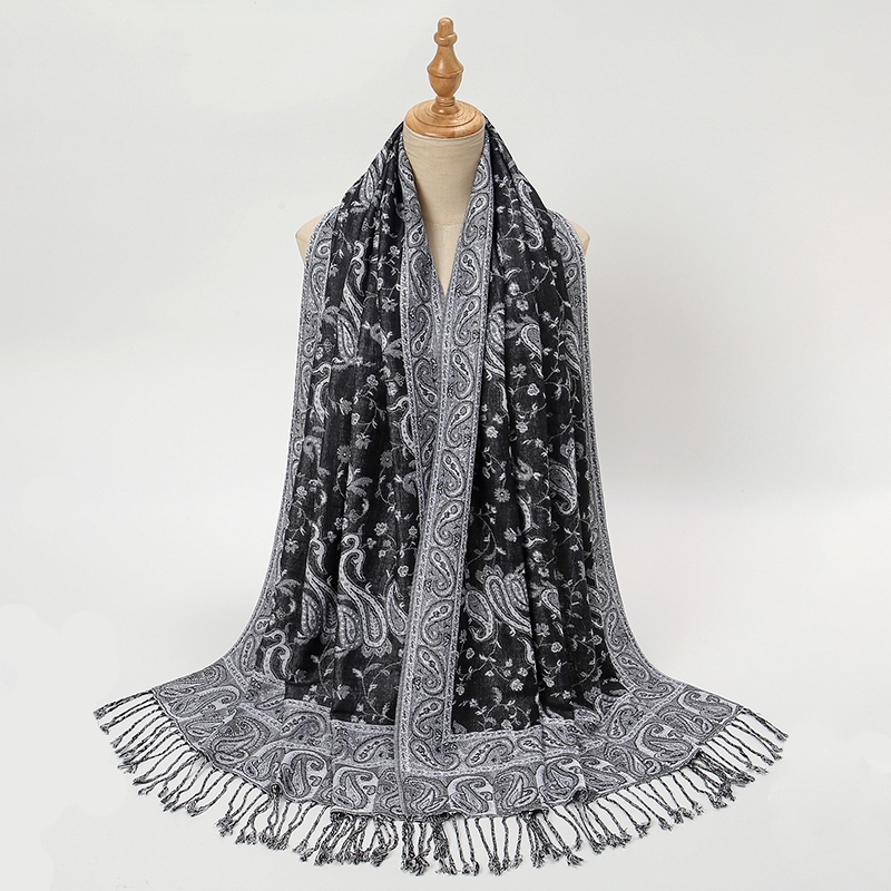 ลาเวน วินเทจเม็ดมะม่วงหิมพานต์ชาติพันธุ์ผ้าคลุมไหล่มุสลิมผ้าคลุมศีรษะ ผ้าแจ็คการ์ด พู่ผ้าคลุมไหล่ผู้หญิงสบายผ้าพันคอหนา