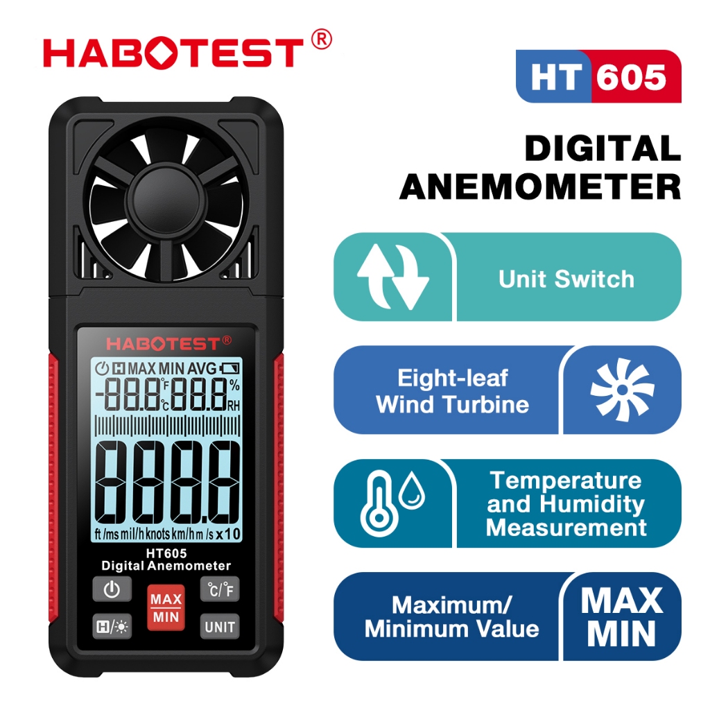 HABOTEST HT605 เครื่องวัดความเร็วลม แบบพกพา ความแม่นยําสูง LCD แบริ่งไฟแบ็คไลท์