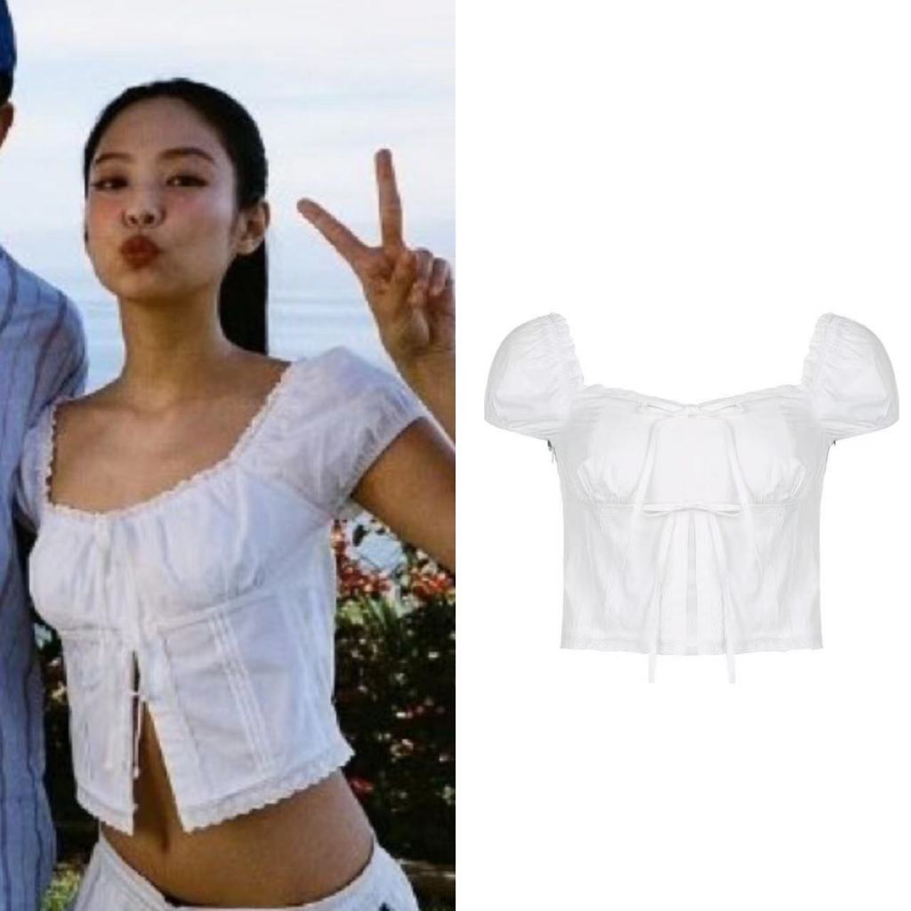 Blackpink Jennie Vintage French Sweet Fairy เสื้อลูกไม้ผูกโบว์แขนสั้น Slim Crop Tops
