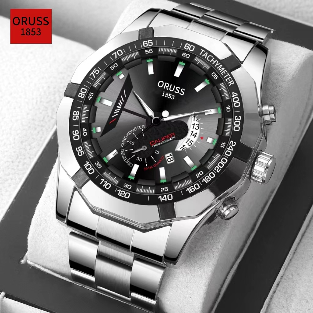 ORUSS รัส ต้นฉบับหรูหราผู้ชายสแตนเลส/หนังกันน้ําวันที่ส่องสว่างแฟชั่นธุรกิจนาฬิก