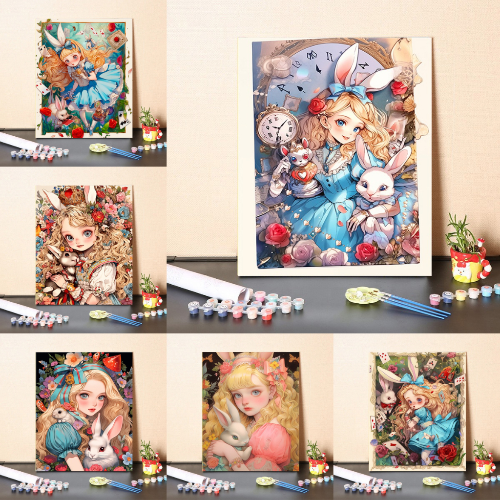 【ORFON】 40×50cm พร้อมกรอบ/ระบายสีตามตัวเลข /ภาพระบายสี/กระต่ายและสาว/ระบายสีตามตัวเลข Diy / ของขวัญ