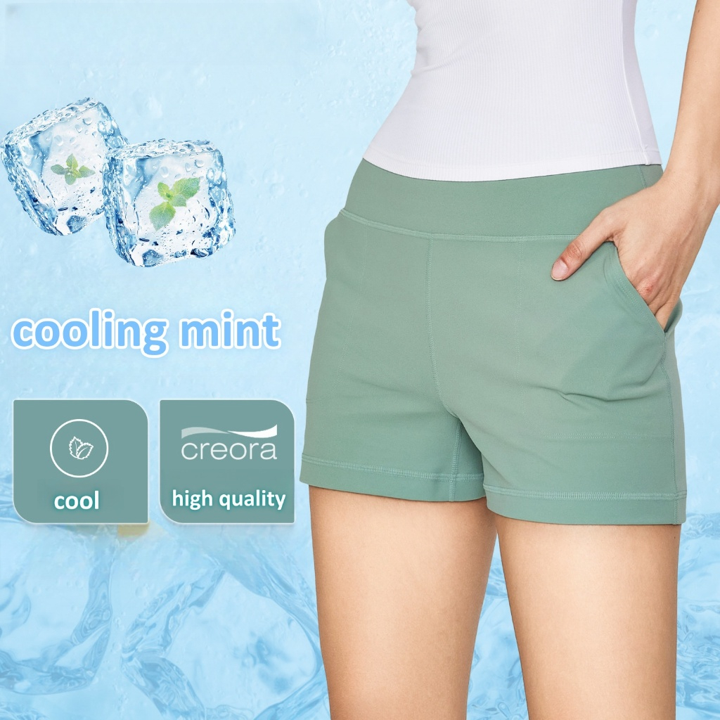 Ice Mint Nude Yoga Short Pant ผู้หญิง Hip-Lifting เอวสูงฟิตเนสกางเกงร้อนพร้อมกระเป๋า
