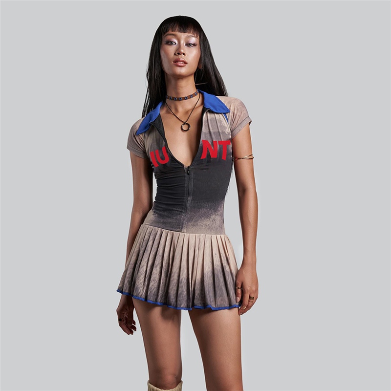 แปลก Puss Casual Mini Dresses Turn-down Collar แขนสั้น Skinny Ruched Letter อเนกประสงค์ Street บรรยากาศสไตล์แฟชั่น 2024 ร้อนใหม่