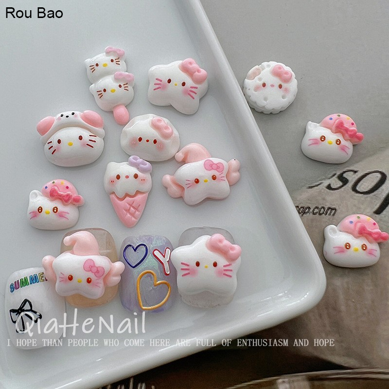 Rou Bao 20 ชิ้นเล็บน่ารัก Hello Kitty แมวการ์ตูน Star คุกกี้สีชมพู Girly 3D เรซิ่นสําหรับเล็บ Art DIY Handmade ตกแต่ง