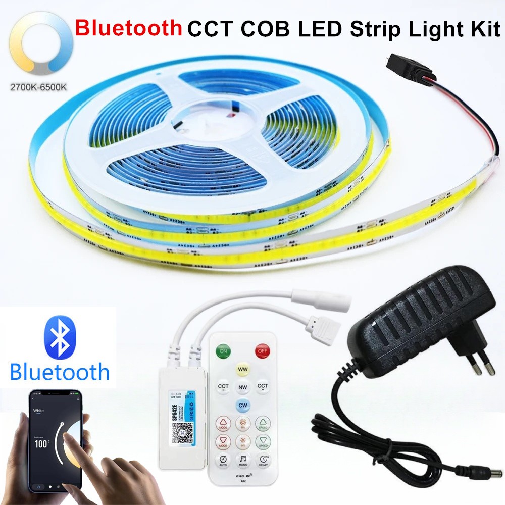 CCT COB ไฟ LED Strip หรี่แสงได้ 2700K-6500K 12V หรือ 24V ชุดแถบไฟ LED สีขาวทูน่า,แถบ LED ความสว่างสูงพร้อมรีโมทคอนโทรลและแหล่งจ่ายไฟสําหรับห้องนอนตกแต่งบ้าน