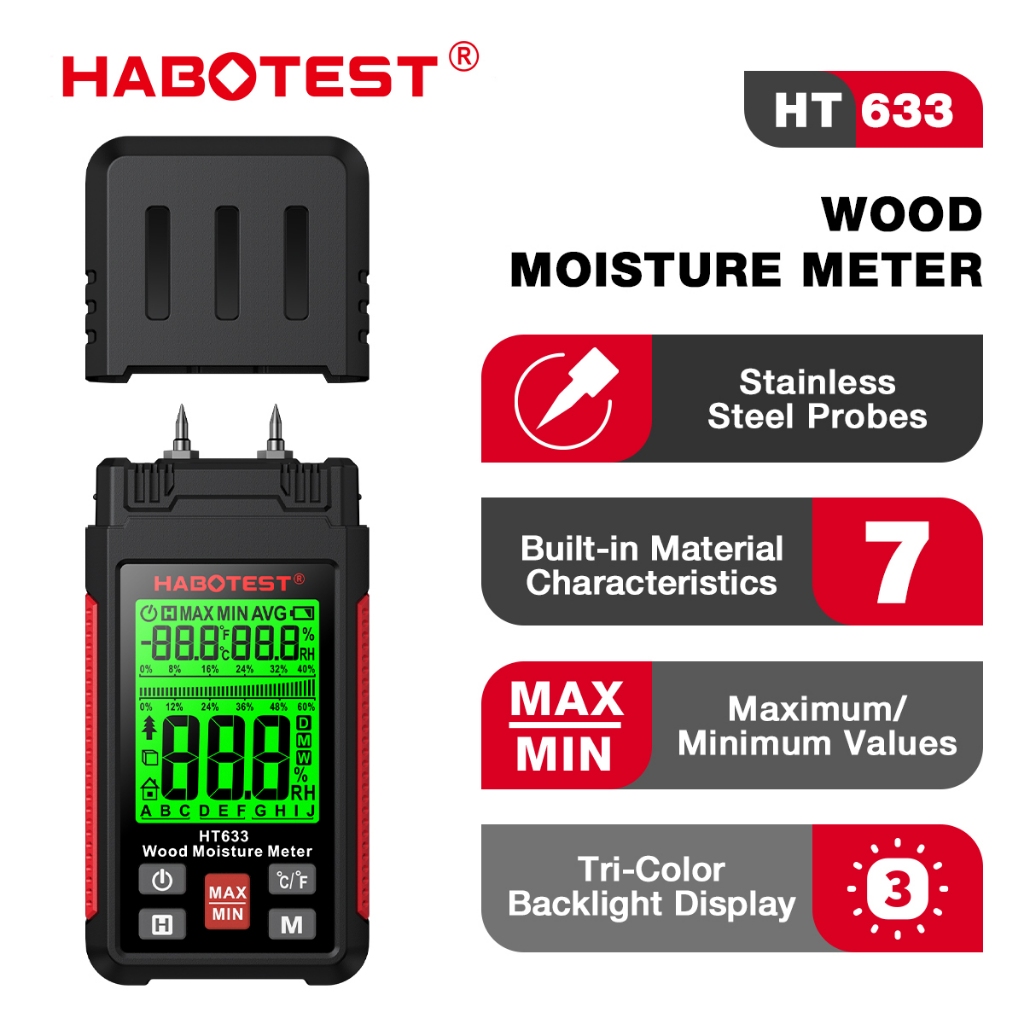 HABOTEST HT633 เครื่องวัดความชื้นไม้ เข็ม Digital Humidity Detector Ambient Temperature Humidity จอแสดงผล LCD Backlight